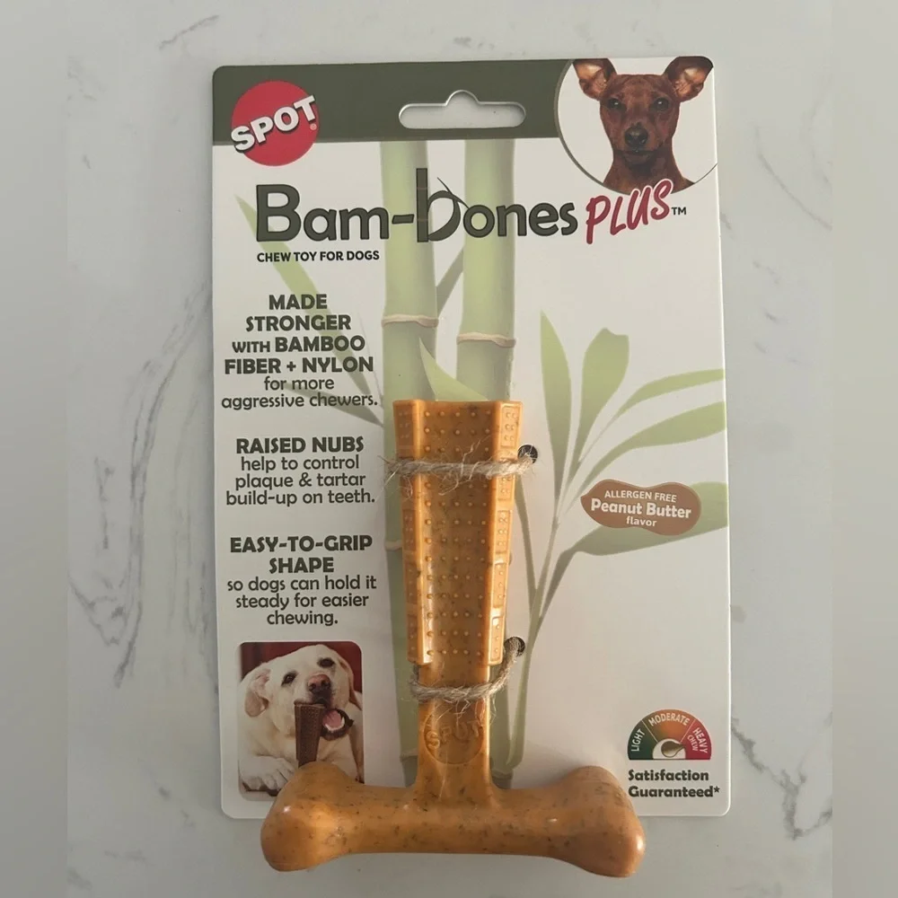 SPOT Bam-Bones PLUS Dog Chew Toy - Bamboo & Nylon, 4”, Peanut Butter Flavor- NWT